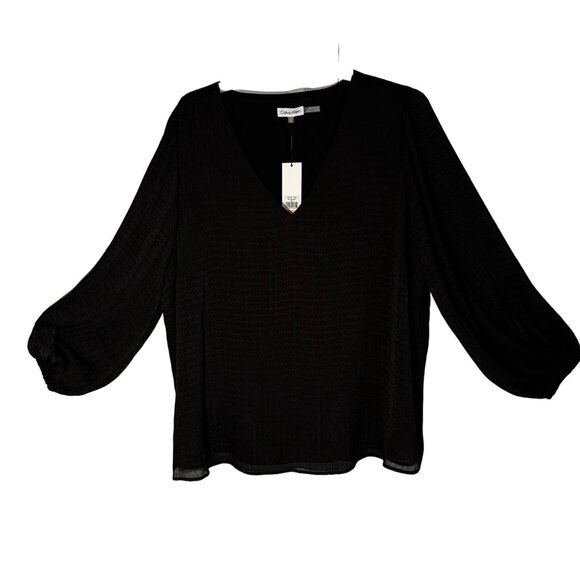 Calvin Klein Tops - Calvin Klein Women's V-Neck Textured Blouse Size 2X Black 3/4 Sleeve Top